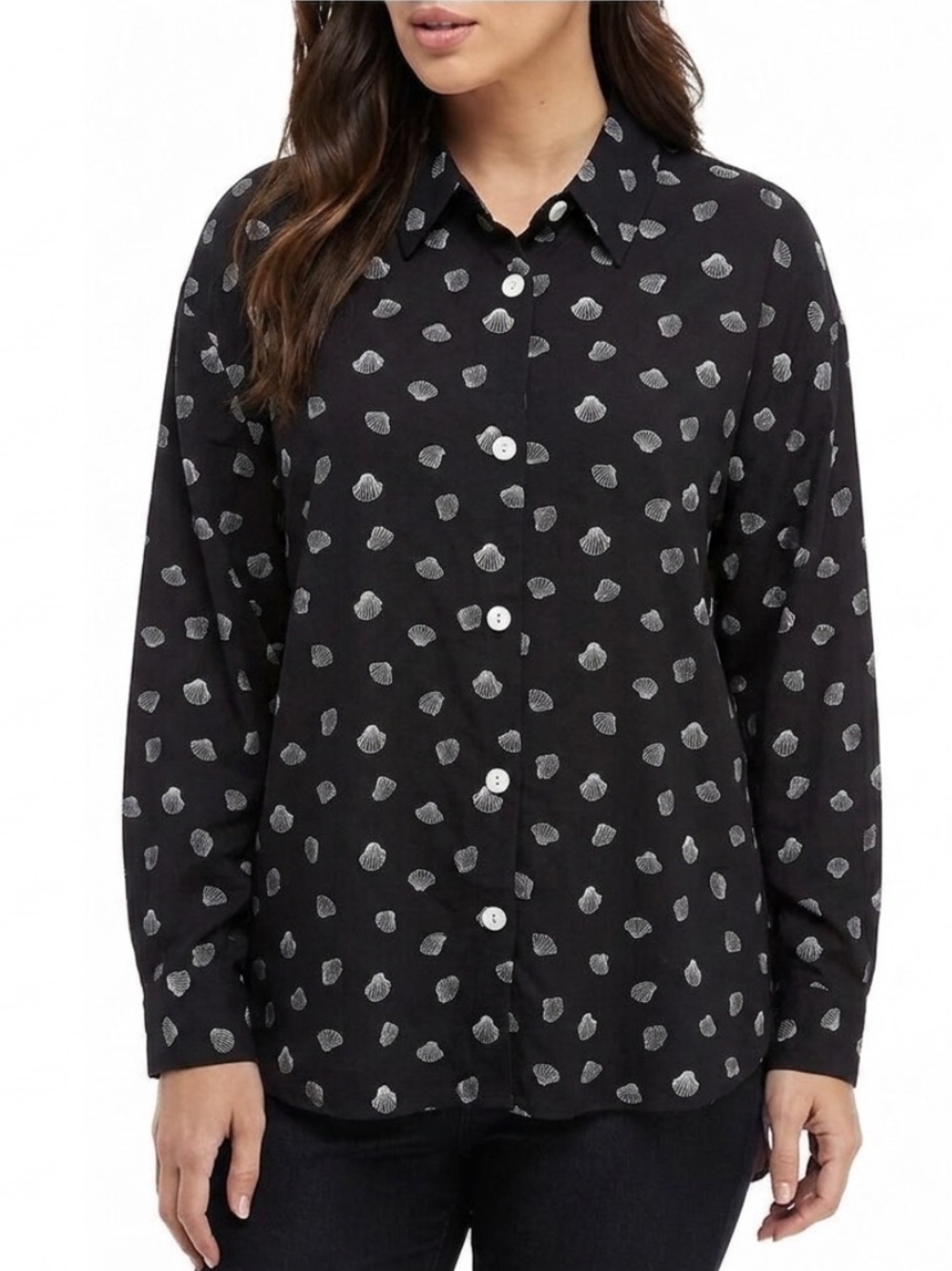 Seashell Beach Print Long Sleeve Shirt Womens Size Large Button Down Black White